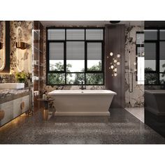 an elegant bathroom with marble walls and flooring, along with a freestanding bathtub