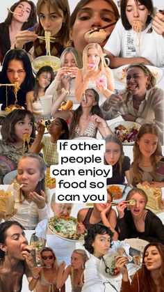 the collage shows many different people eating food