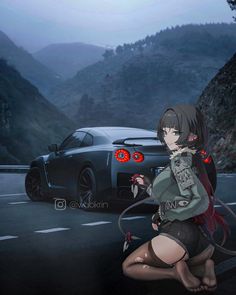 a woman sitting on the side of a road next to a black car with red eyes