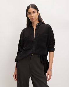 A classic—reimagined. Our best-selling Boxy Oxford now in a buttery soft, 100% TENCEL™ Lyocell fabric. With a classic point collar, dropped shoulders, a clean button front, oversized patch pockets, and a relaxed boxy shape. Polish it up with trousers and heels, or dress it down with jeans and sneakers for a casual-yet-put-together look. Known for its lightness and versatility, TENCEL™ Lyocell is a man-made cellulosic fiber extracted from PEFC and FSC-certified responsible wood sources. It of Relaxed Everyday Shirt For Fall, Relaxed Fall Shirt For Everyday Wear, Relaxed Everyday Fall Shirt, Effortless Fall Workwear Shirt, Versatile Everyday Collared Shirt, Everyday Versatile Collared Shirt, Versatile Everyday Shirt For Fall, Versatile Shirt With Shirttail Hem, Versatile Everyday Fall Shirt