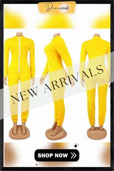 Women Long Sleeve Turtleneck Zippers Skinny Jumpsuit Yellow Stretch Long Sleeve Jumpsuit, Fitted Yellow Jumpsuits And Rompers For Fall, Casual Yellow Long Sleeve Bodysuit, Long Sleeve Turtleneck, Color Pick, 1 Million, Women Long Sleeve, Jumpsuit Romper, Turtle Neck