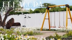 a yellow swing set sitting in the middle of a flowery garden next to a white fence