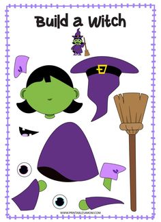 a cutout of a witch with her hat and broom, which includes the words build a