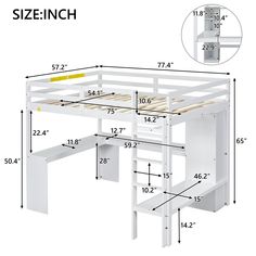 a white loft bed with stairs and desk underneath it, measurements for the bottom bunk