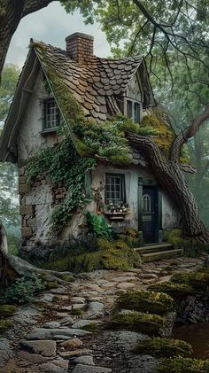 an old house with ivy growing on the roof and windows is surrounded by mossy trees