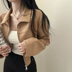 Vintage Solid Color Zip Up Cropped Jacket Streetwear Office, Fall Outfits Korean, Lady Like, Casual Knitwear, Woman Style, Long Sleeve Knit Dress, Winter Tops, Suede Fabric, Cropped Jacket