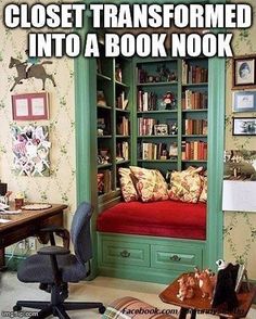 a room with a desk, chair and bookshelf filled with lots of books