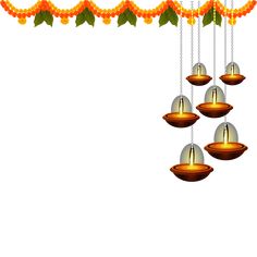 three hanging lights with orange flowers and green leaves on the strings above them, in front of a white background