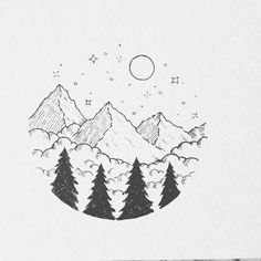 a drawing of mountains and trees with the moon above them