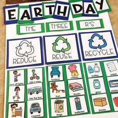 an earth day activity with pictures and words on the front, including recycle