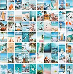 a collage of pictures with people on the beach