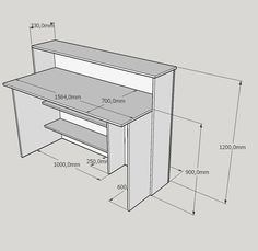 a drawing of a desk with measurements for the top and bottom drawers on each side