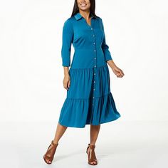 Nina Leonard Tiered Button Front Dress    With a just-right length, this tiered button-front dress creates the perfect polished look every time. Spring Knee-length Denim Dress With Snap Buttons, Medium Wash Knee-length Midi Dress With Button Closure, Knee-length Rayon Midi Dress With Button Closure, Non-stretch Cotton Denim Dress With Buttons, Non-stretch Medium Wash Denim Dress With Button Closure, Button Front Dress, Lovely Dresses, Collar Dress, Types Of Skirts