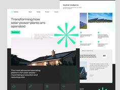 the homepage design for solar energy company is shown in green and black colors, with an image of a house on it