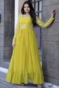 Georgette Fabric Yellow Color Supreme Readymade Gown Casual Abaya, Kurti Style, Women's Robe, Salwar Kameez Designs