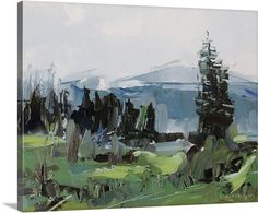 an abstract painting of trees and mountains in the distance