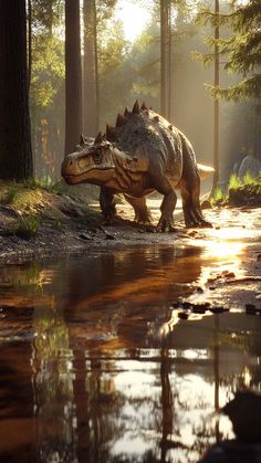 an animal that is standing in the dirt by some water and trees with sun shining on it