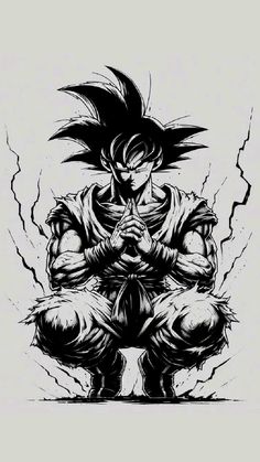 a black and white drawing of gohan sitting on the ground with his hands in his pockets