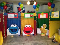 sesame street birthday party decorations with elmo, cookie monster and oscar the groue