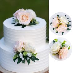 three photos of a wedding cake with flowers on top