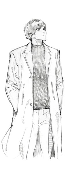 a drawing of a man in a suit and tie with his hands in his pockets