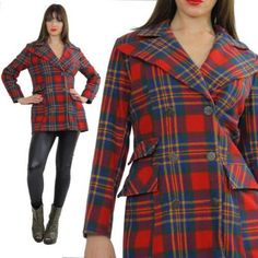 "Vintage 70s red tartan plaid wool jacket blazer Mod 70s design with wide lapels, metal buttons and double flap pockets. Jacket is unlined Fabrication is wool Double breasted front closure Label is Sears USA  Marked size is 11; that is 70s sizing. Condition: Very good Vintage condition; There is a period repair in the back of the jacket that I have photoed.  It is a couple of inches long, but due to the plaid is not very noticable. Measurements: All measurements are taken with the garment lying Retro Double-breasted Winter Blazer, Winter Retro Double-breasted Blazer, Vintage Double-breasted Blazer For Fall, Winter Plaid Blazer With Double Button Closure, Plaid Blazer With Double Button Closure For Winter, Plaid Double-breasted Outerwear, Plaid Double-breasted Outerwear With Button Fastening, Plaid Notch Lapel Outerwear With Buttons, Plaid Outerwear With Notch Lapel And Buttons