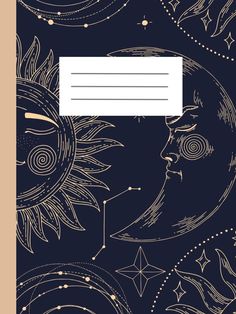 the sun and moon are drawn in gold on a black background with white writing paper