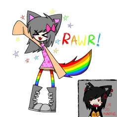 a drawing of a girl with a cat on her head and the word rarr