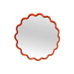 a round mirror with an orange border around the edge on a white background, it appears to be empty