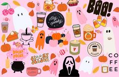 a bunch of stickers that are all over the place on a pink background with coffee and candy