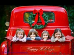 Christmas Red Truck Photoshoot, Red Truck Christmas Pictures Family, Red Truck Photoshoot, Vintage Truck Christmas Photoshoot, Truck Poses, Truck Photography, Old Red Truck