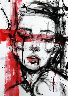 a drawing of a woman with her eyes closed and red paint splattered on the wall