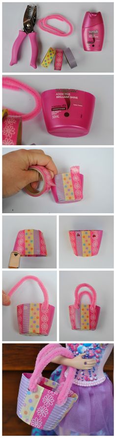 the instructions for how to make a barbie doll purse with plastic straps and ribbones