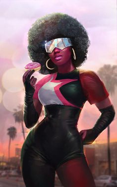 a woman in a black and white bodysuit holding a pink donut while standing next to palm trees