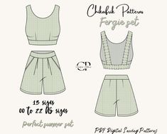 the front and back view of a women's crop top and shorts sewing pattern