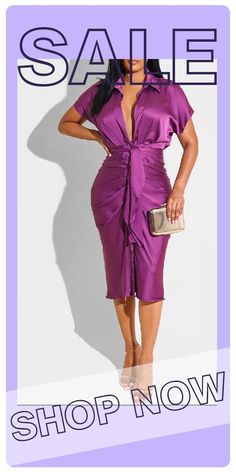 Purple Fashion Casual Solid Fold Turndown Collar Pencil Skirt Dresses Elegant Solid Color Bodycon Dress For Going Out, Elegant Solid Color Midi Dress For Club, Spring Party Dress With Pencil Skirt Shape, Elegant Summer Midi Pencil Skirt Dress, Spring Pencil Skirt Dress For Date Night, Summer Bodycon Dress For Night Out With Pencil Skirt, Spring Date Night Pencil Dress, Summer Night Out Bodycon Pencil Dress, Spring Night Out Pencil Dress