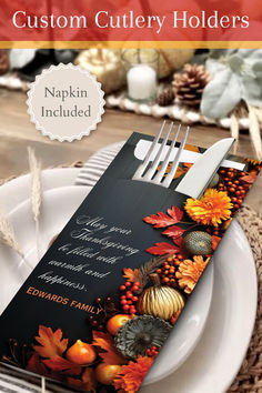 Personalized Cutlery Holders for Thanksgiving Dinner with Napkins | Silverset Dinner Unique, Keepsake Invitation, Dinner Design, Thanksgiving Napkins, Thanksgiving Design, Cutlery Holder, Thanksgiving Ideas, Thanksgiving Parties, Easy Food