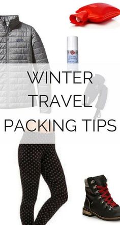 winter travel packing tips for women and men in black, white, red and grey