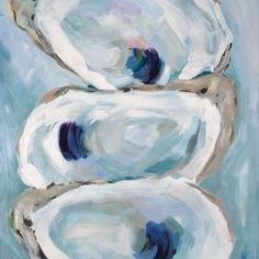 an oil painting of three oysters on a blue background