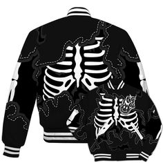 Brand Dunkare White Thunder 4s Shirt Skeleton Smiley Face All Over Print Baseball Varsity Jacket Halloween Black Skull Print Outerwear, Halloween Black Outerwear With Skull Print, Black Edgy Outerwear With Skull Print, Fitted Outerwear With Skull Print And Long Sleeves, Fitted Skull Print Streetwear Outerwear, Edgy Halloween Outerwear With Graphic Print, Halloween Cotton Outerwear With Skull Print, Thunder 4s, Baseball Varsity Jacket