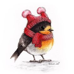 a drawing of a bird wearing a red hat and scarf with pom poms