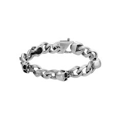 Accessorize with style when you wear this cool LYNX stainless steel skull bracelet. Accessorize with style when you wear this cool LYNX stainless steel skull bracelet. Metal: stainless steel Length: 8.5 in. Packaging: pouch Plating: ion plated Finish: antiqued Size: 8.50. Color: Grey. Gender: male. Age Group: adult. Adjustable Stainless Steel Edgy Bracelets, Edgy Metal Skull Bracelets, Punk Stainless Steel Bracelets For Streetwear, Edgy Skull Metal Bracelets, Edgy Skull-shaped Metal Bracelets, Silver Skull Bracelets In Punk Style, Punk Silver Skull Bracelets, Packaging Pouch, Bracelet Metal