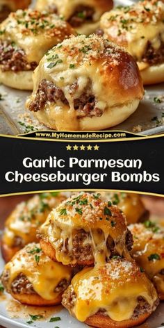 Garlic Parmesan Cheeseburger Bombs Ground Beef In Biscuits, Biscuits Ground Beef Recipes, Football Food With Ground Beef, Garlic Parmesan Cheeseburger Balls, Cheese Burger Cups, Parmesan Bites Recipe, Biscuit Stuffed Recipes, Bunch Ideas Lunch, Appetizers With Beef