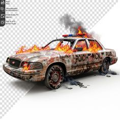 an old police car with flames coming out of it's hood, on a white background