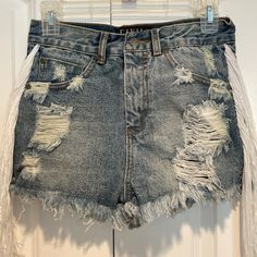 New Civil Regime Denim Shorts With Side Tussels Size M Womens. Brand New Hot Looking Beautiful Shorts Has Five Pocket And Has The Distressed Look Has Tassels On The Side ! Very Stylish A Must Have ! Casual Medium Wash Jeans With Fringe, Spring Denim Blue Bottoms With Fringe, Denim Blue Fringed Bottoms For Spring, Spring Denim Bottoms With Fringe, Summer Denim Blue Jeans With Fringe, Denim Blue Bottoms With Fringe In Denim, Trendy Denim Blue Bottoms With Fringe, Trendy Denim Bottoms With Fringe, Summer Fringe Denim Blue Jeans