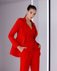 Fabric: Suit crepe Cotton 65%, Polyester 35% Blazer length is 27,1 inches or 69cm Sleeve length: 62cm/ 24,4in Vest length: 47cm/ 18,5in Pants outer seam length: 100 cm/ 39,3in Chic Red Semi-formal Suit, Elegant Red Business Casual Sets, Tailored Elegant Blazer, Tailored Red Sets For Business Casual, Red Workwear Sets With Notch Lapel, Red Notch Lapel Sets For Workwear, Tailored Red Pantsuit With Notch Lapel, Red Tailored Pantsuit For Business Casual, Tailored Red Pantsuit For Business Casual