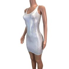 Silver holographic bodycon dress. The fabric is high-quality hologram shimmery silver on white spandex - stretchy enough to fit you and thick enough to offer a flattering bodycon fit. Metallic Shiny Bodycon Dress, Summer Silver Bodycon Club Dress, Silver Bodycon Dress For Summer Club, Silver Sleeveless Bodycon Dress, Sleeveless Silver Bodycon Dress, Metallic Shiny Bodycon Dress For Party Season, Iridescent Fitted Mini Dress, Metallic Shimmer Bodycon Dress, Iridescent Fitted Mini Dress For Party