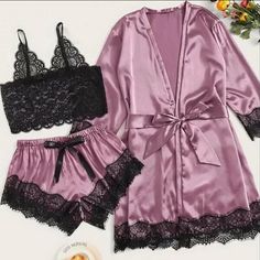 3 Piece Set Includes Silk Robe, Silk Shorts With Lace Trim And Lace Top. The Perfect Feel Good Sexy Sleepwear Pajama Sets For Women, Pijamas Women, Womens Pajamas, Floral Robes, Lace Lingerie, Pajama Set Women, Crop Top Blouse, Pajama Sets, Cutout Dress