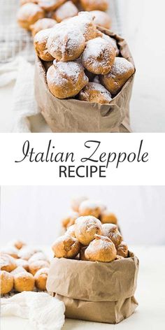 italian zeppole recipe with powdered sugar on top and in a paper bag