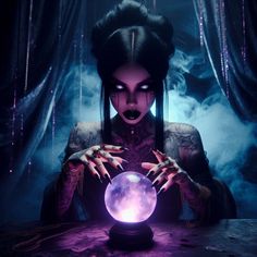 a woman holding a crystal ball in her hands